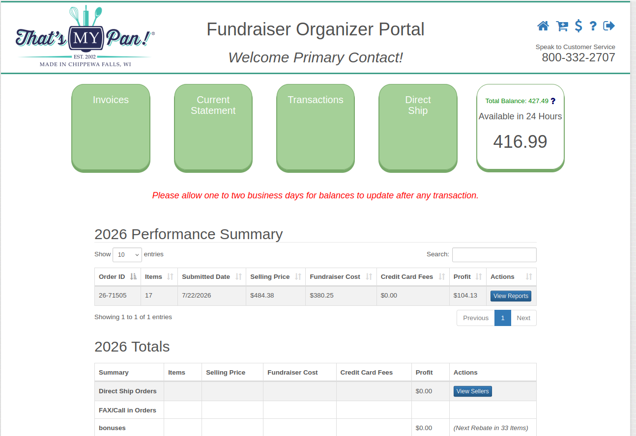 Financial summary, balances, and performance totals